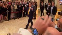 Former President Donald Trump arriving at a dinner for his NFT investors, with text indicating a similar event for memecoin holders.