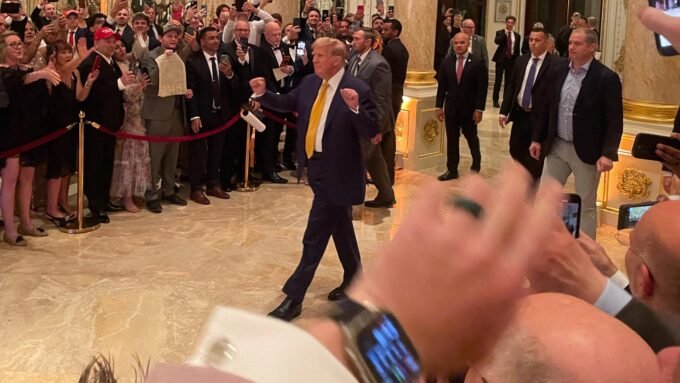 Former President Donald Trump arriving at a dinner for his NFT investors, with text indicating a similar event for memecoin holders.