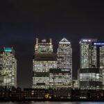 Canary Wharf skyline in London, symbolizing the UK's financial sector and its interaction with digital assets.
